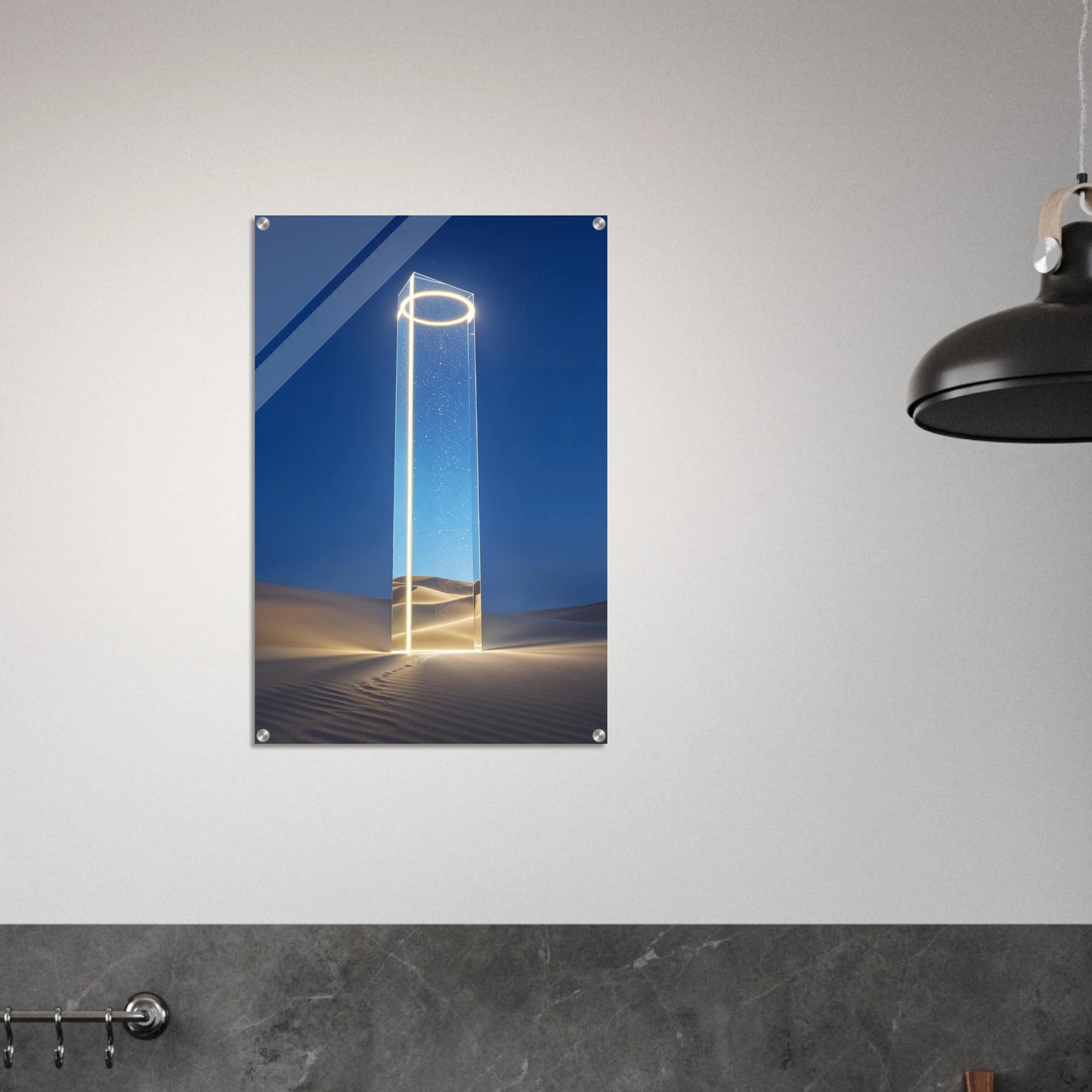 Futuristic sculpture in a desert setting on a wall with a modern interior.