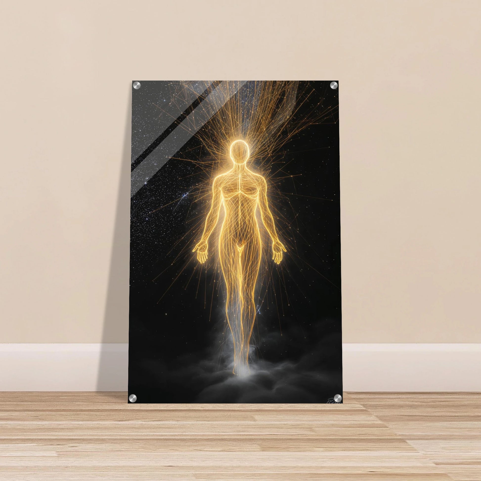 Futuristic human figure with energy fields on a black background, mounted on a wall.