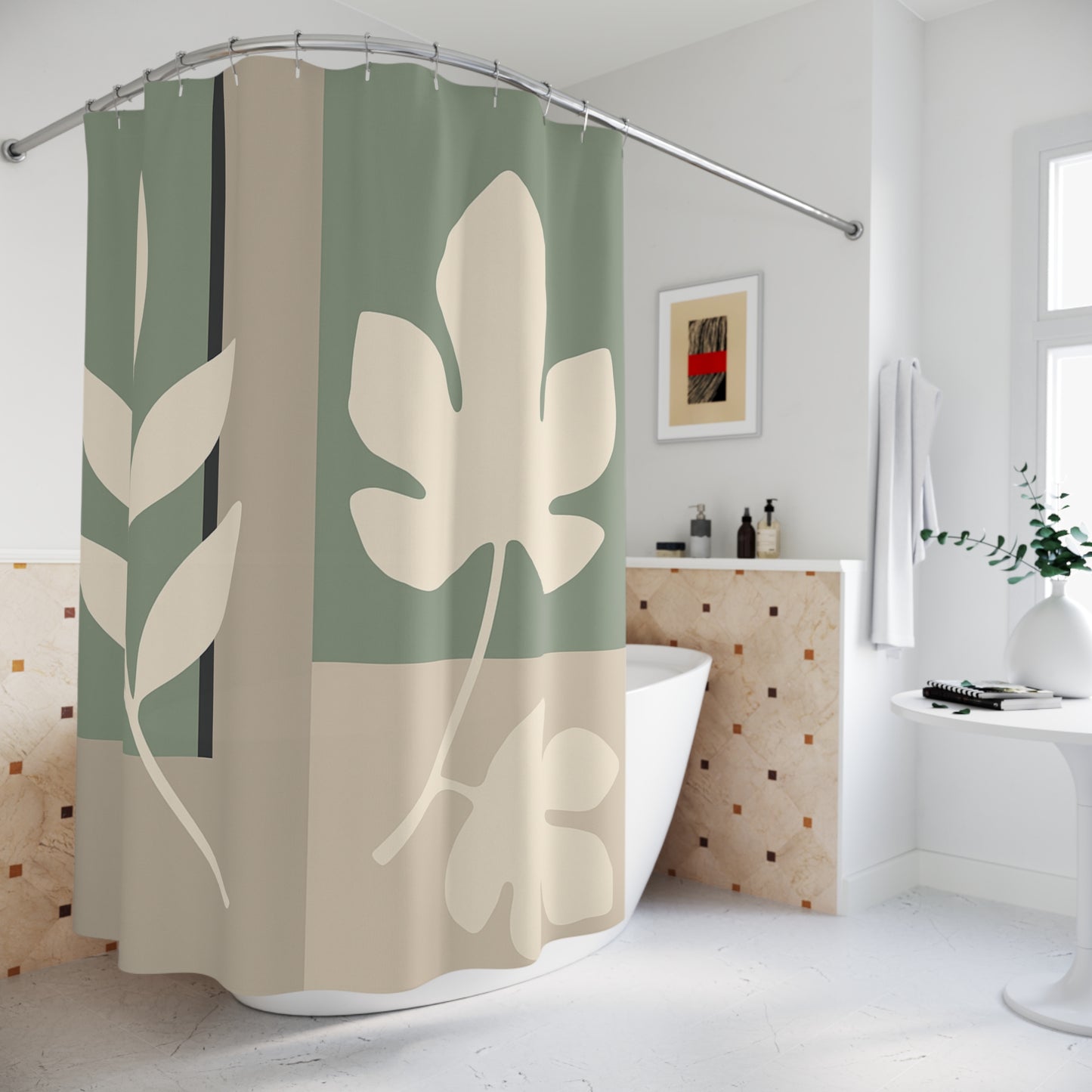 Shower curtain with leaf pattern in a bathroom setting