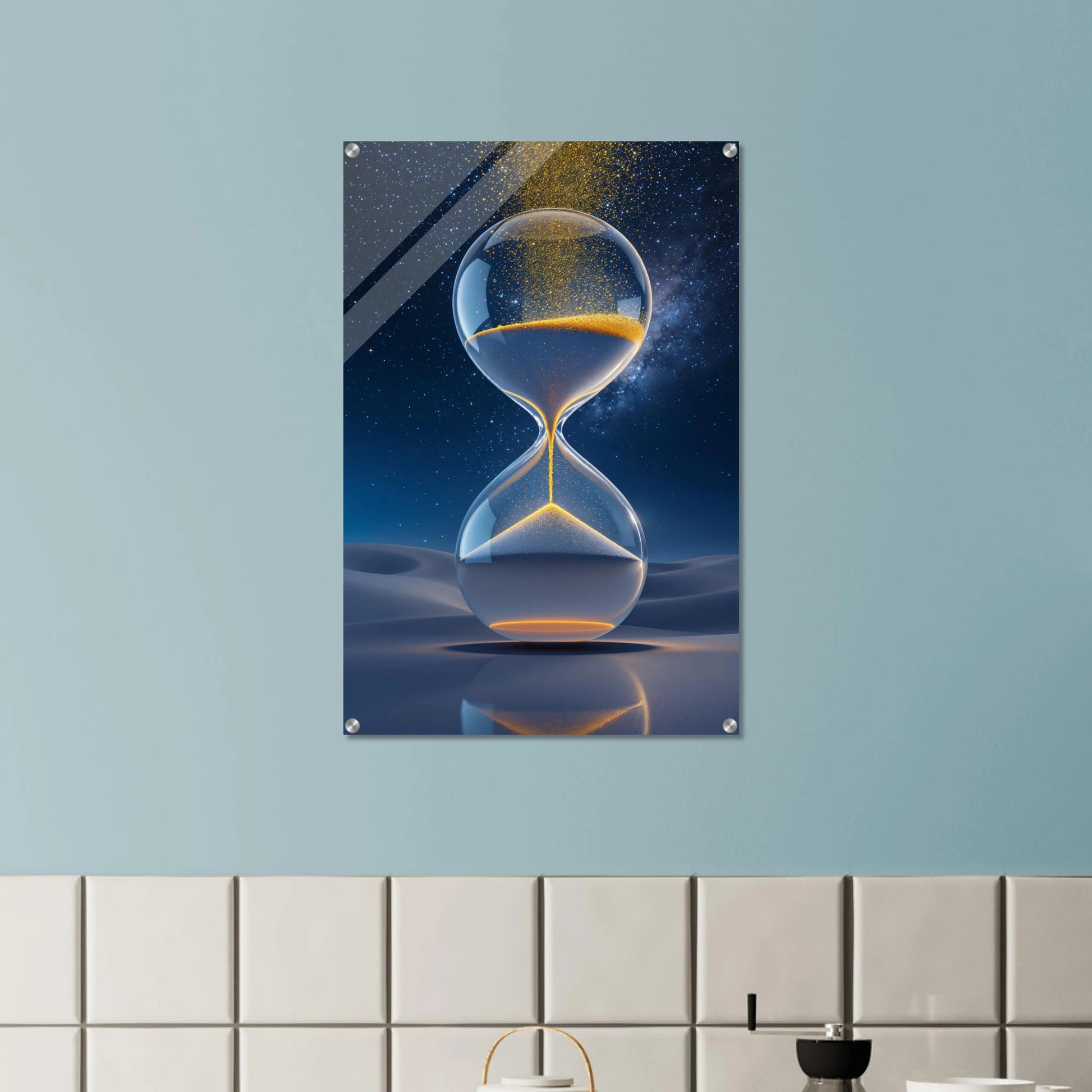 Futuristic hourglass design on a wall in a modern interior setting