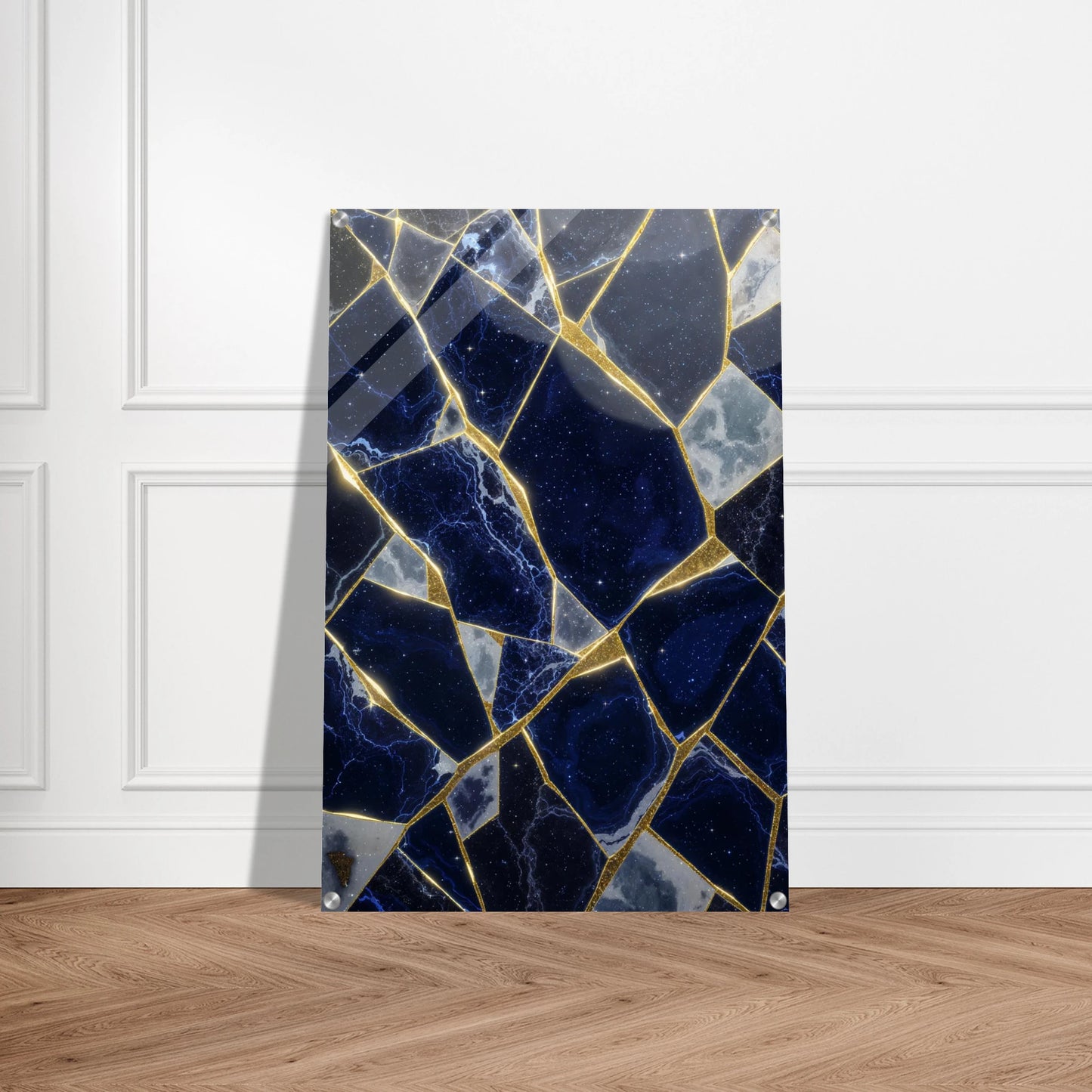 Decorative panel with blue and gold marble pattern on a white wall background