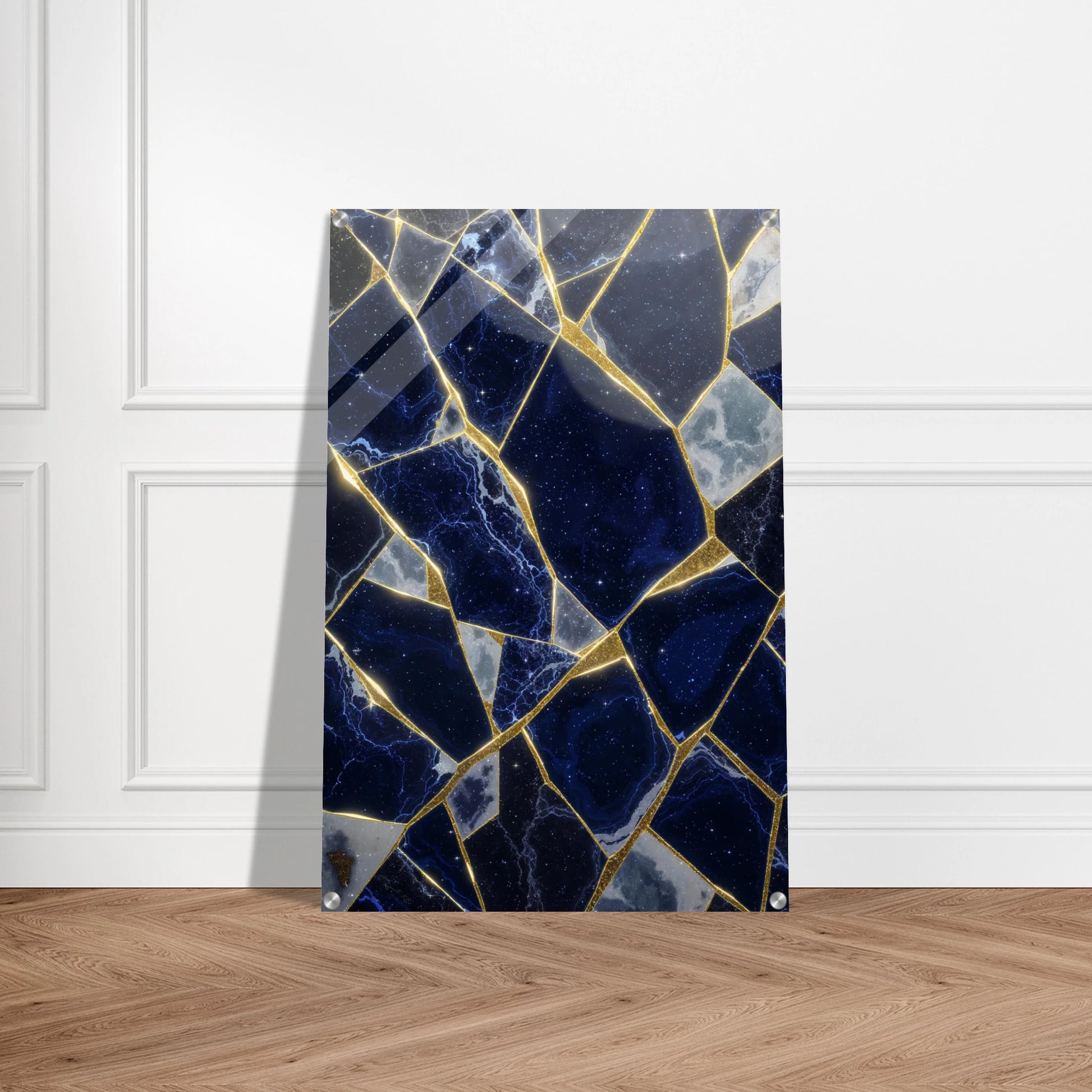Decorative panel with blue and gold marble pattern on a white wall background