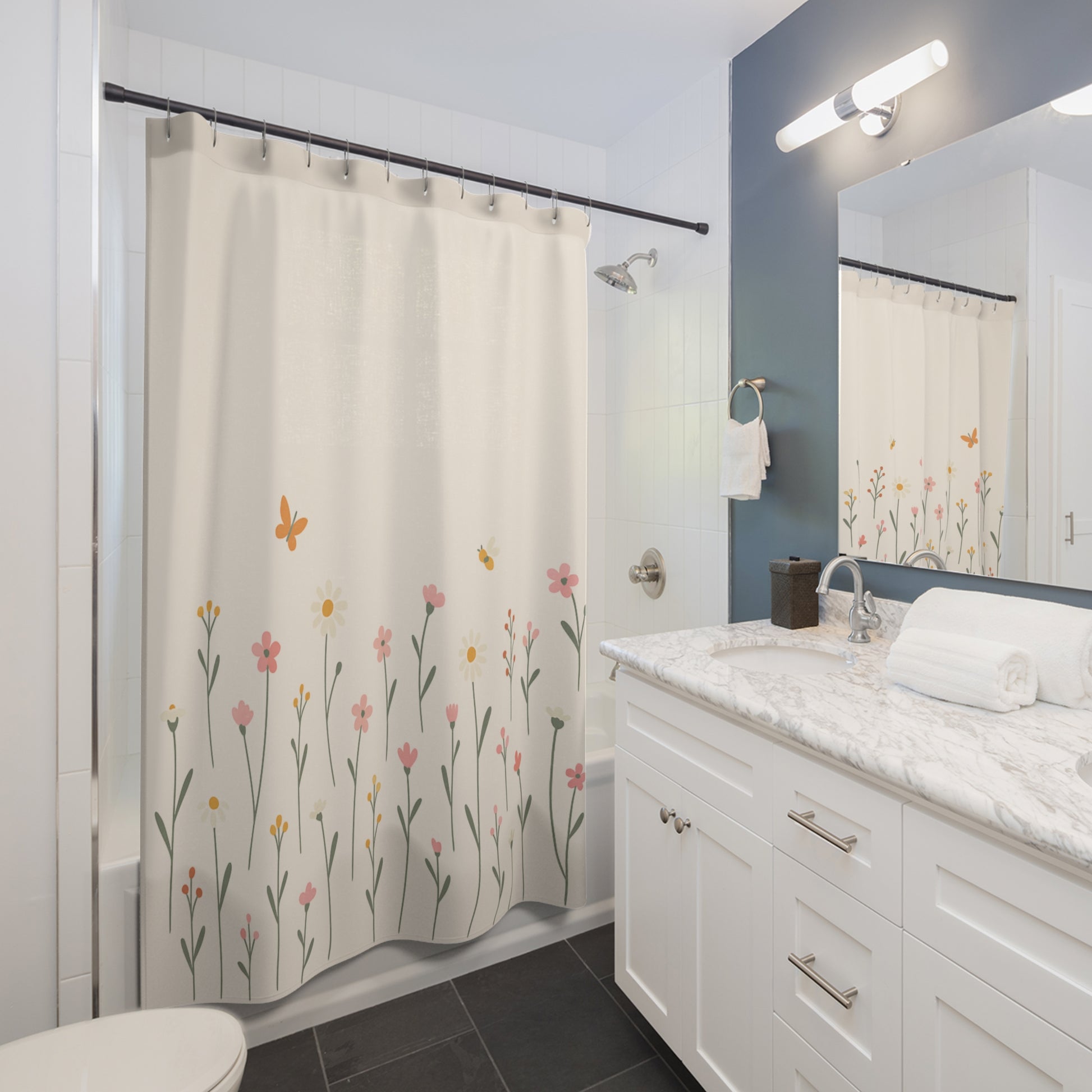 Bathroom with floral shower curtain and white vanity
