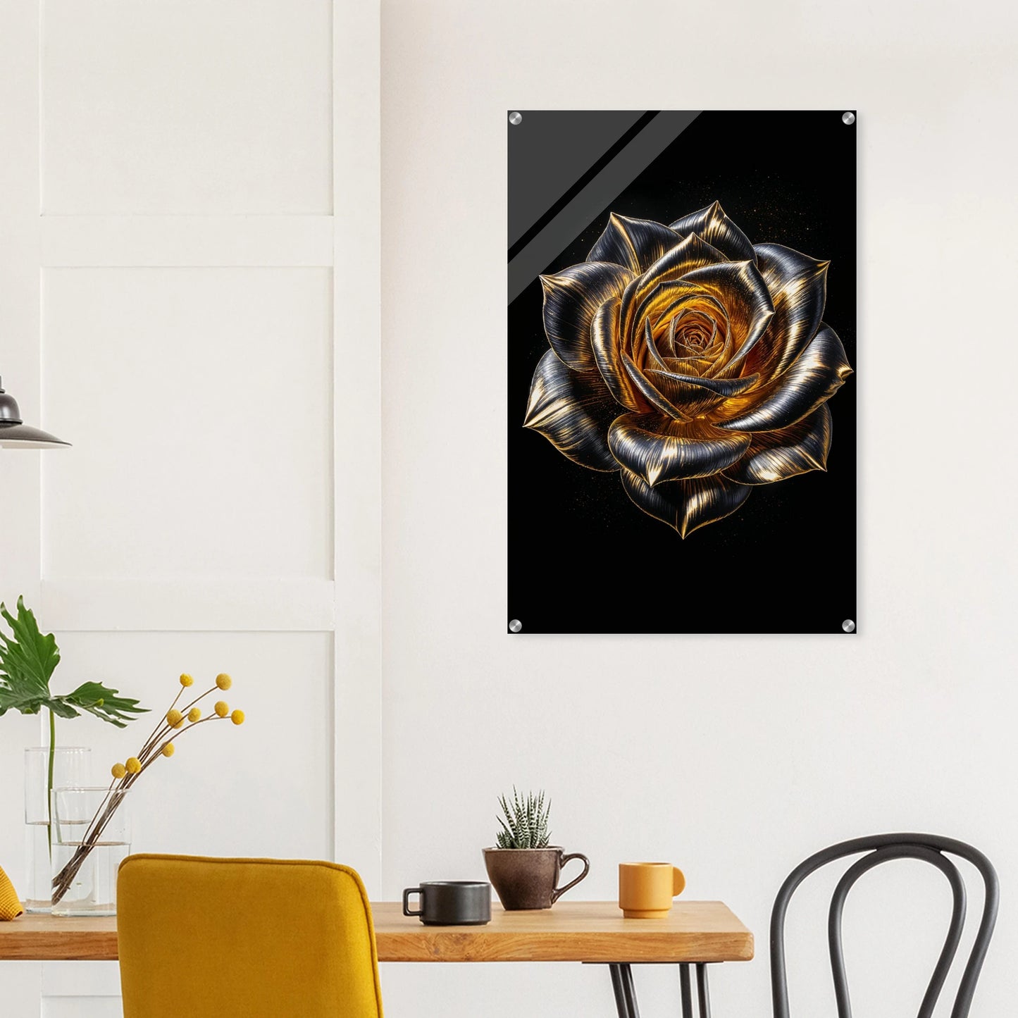 Decorative metal wall art of a rose on a black background in a modern interior setting.