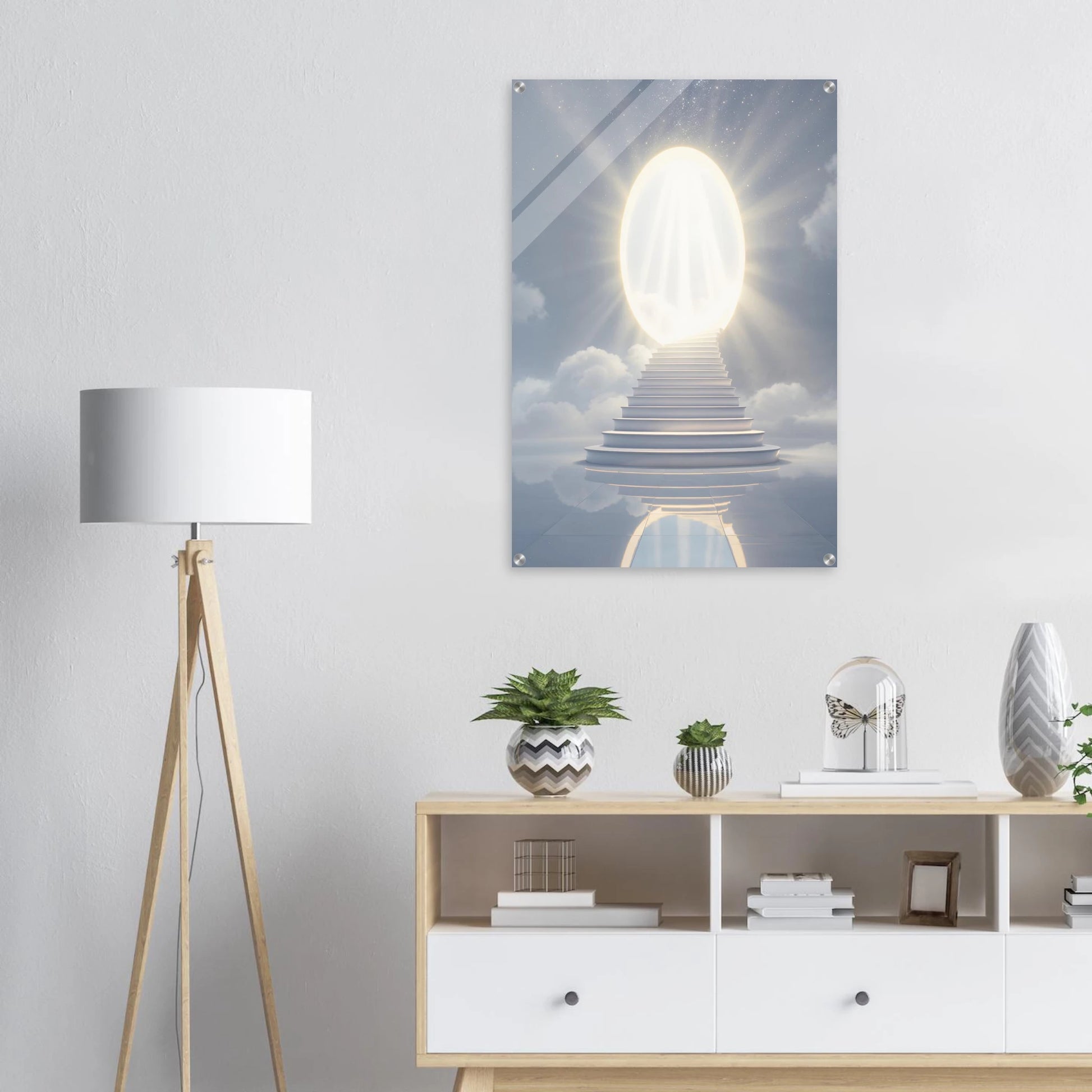 Staircase leading to a bright light on a wall in a room with a lamp and shelves.