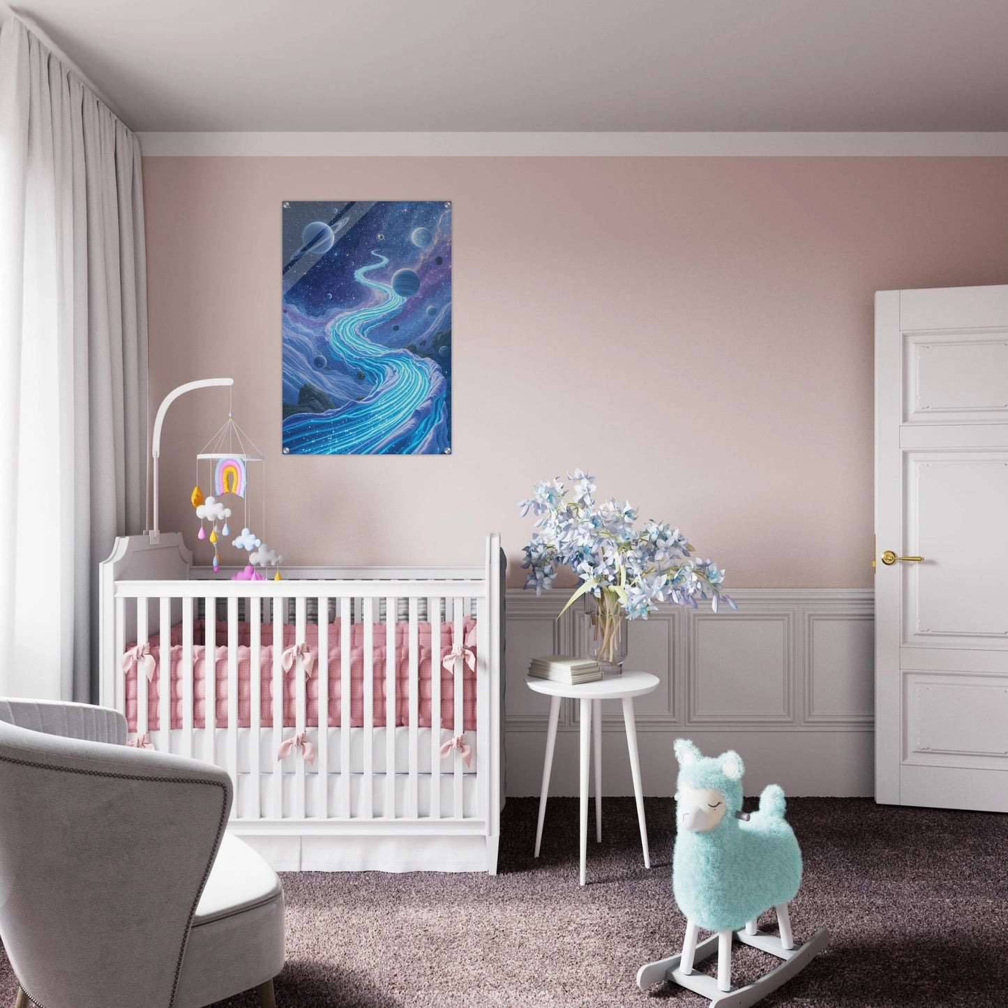 Nursery room with a crib, rocking horse, and decorative elements.