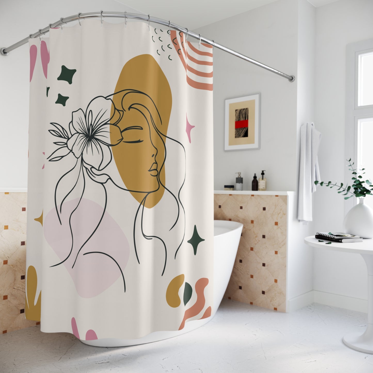 Shower curtain with artistic design of a woman's face and floral elements in a bathroom.