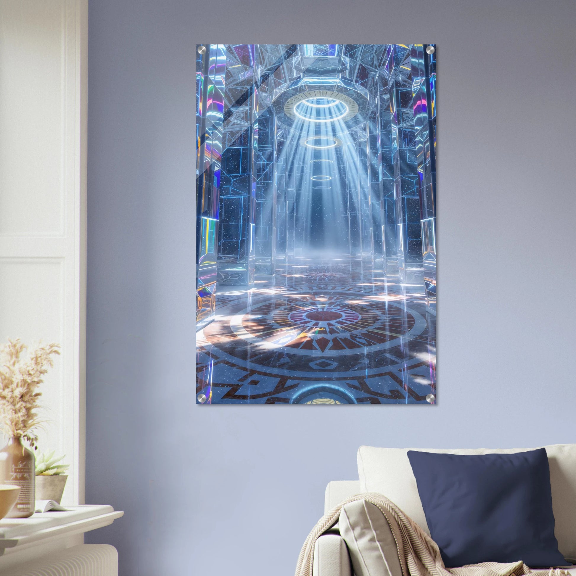 Decorative wall art with a colorful interior design on a gray wall above a sofa.