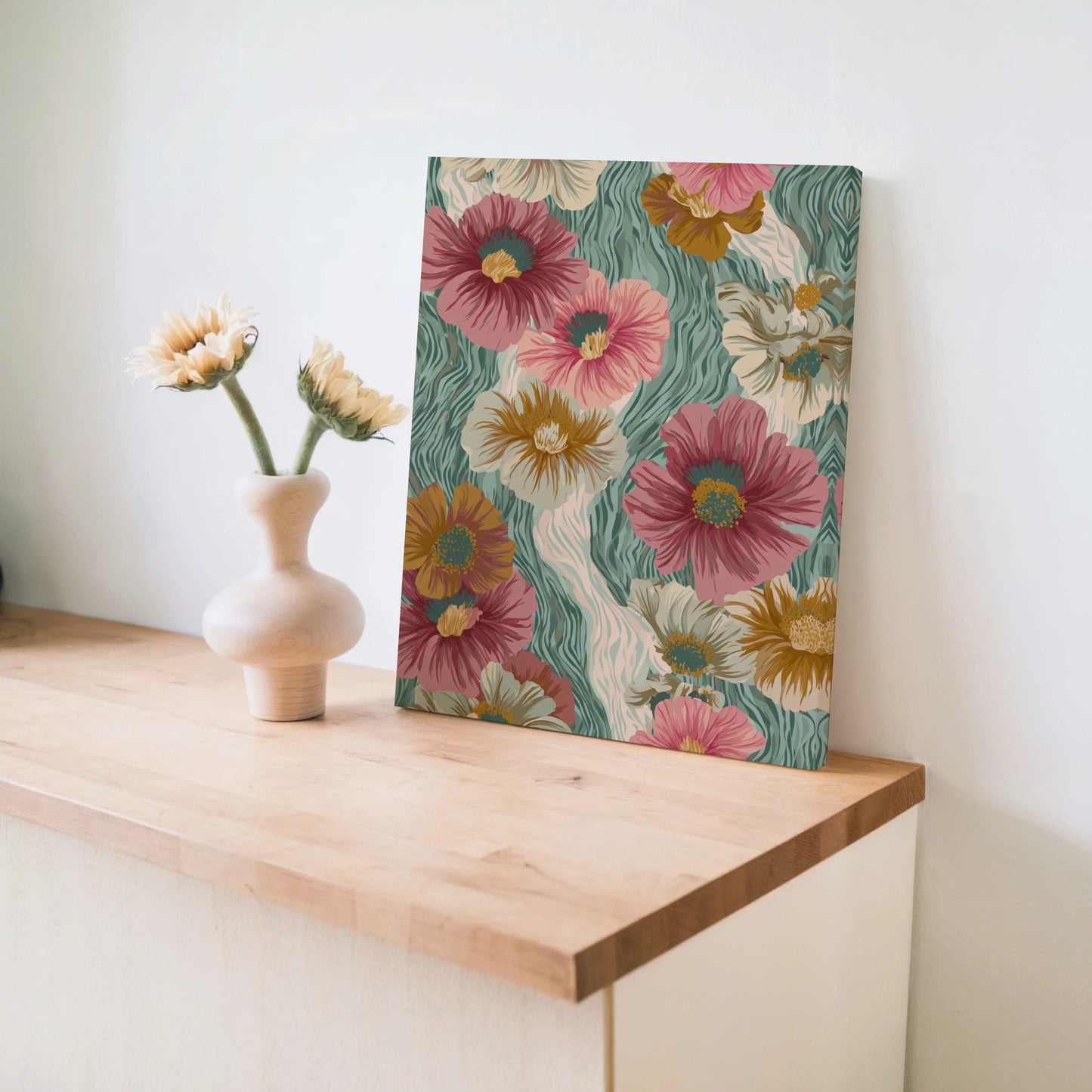 Boho Floral Canvas Wall Art – Vintage Botanical Flower Print in Teal & Warm Tones