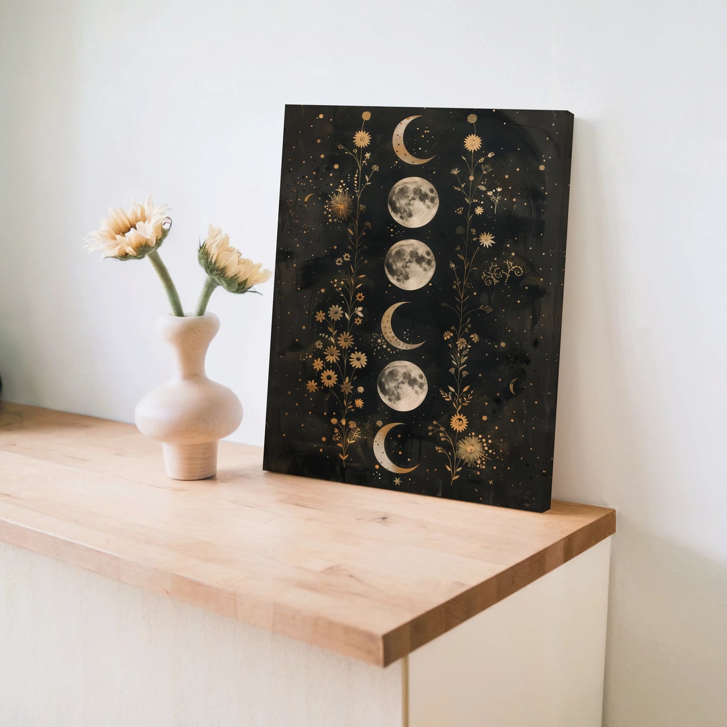 Celestial Moon Phases Canvas Wall Art – Gold Botanical Night Sky Wall Decor