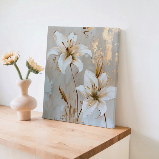 Canvas print of flowers on a wooden shelf with a vase of flowers beside it.