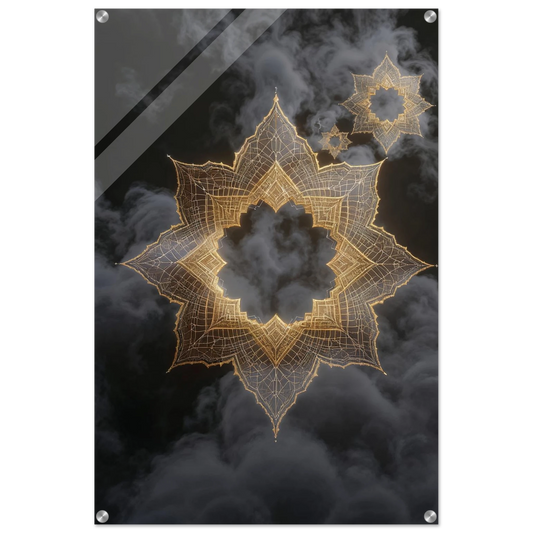 Decorative wall art with gold leaf design on a black background