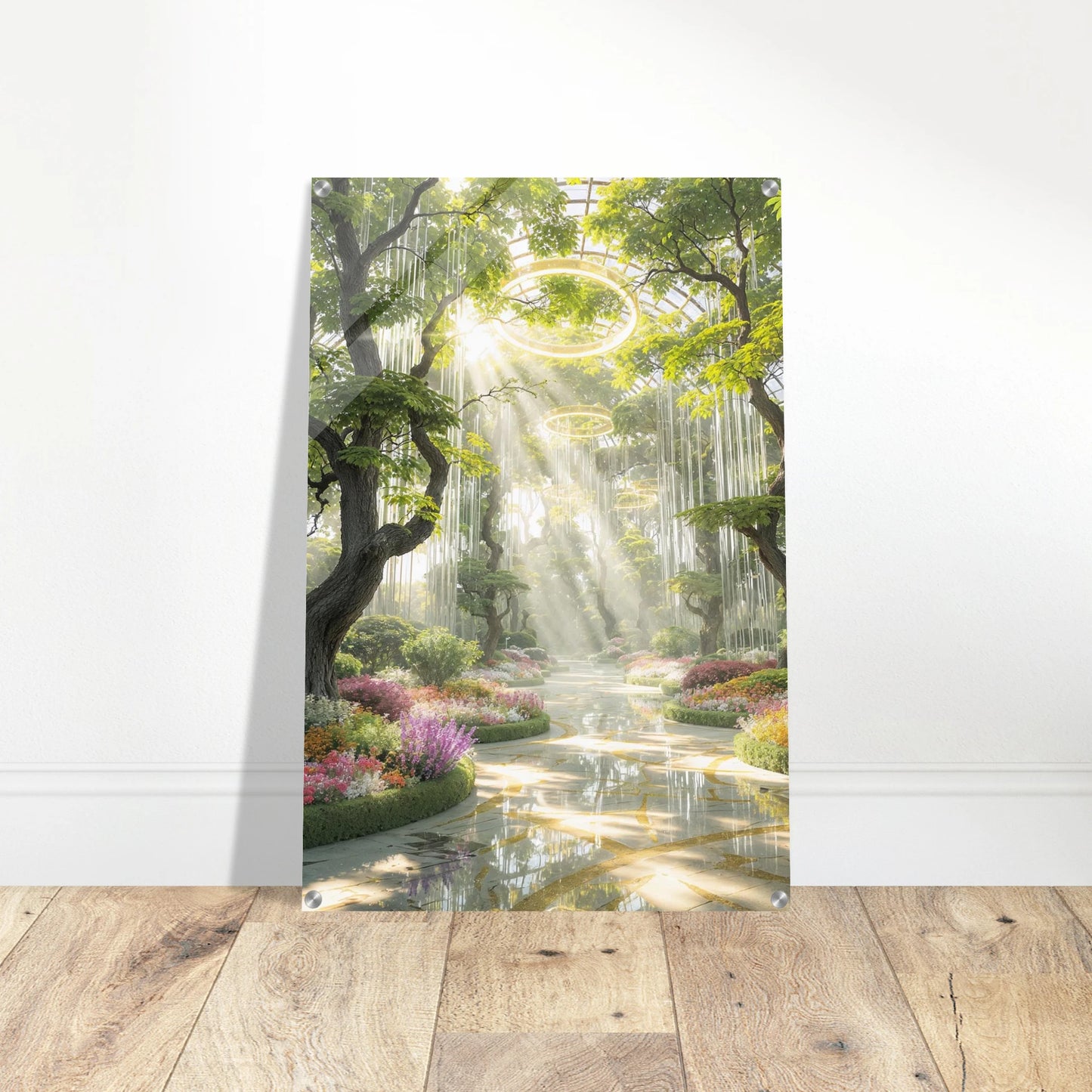Framed artwork of a fantasy garden with sunlight filtering through trees on a wooden floor.