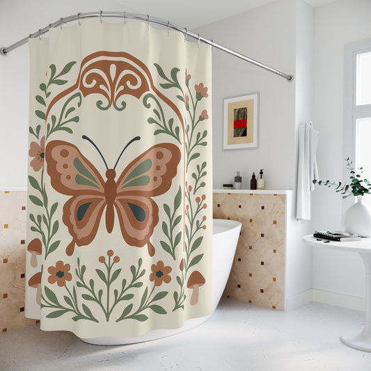 Shower curtain with butterfly design in a bathroom setting