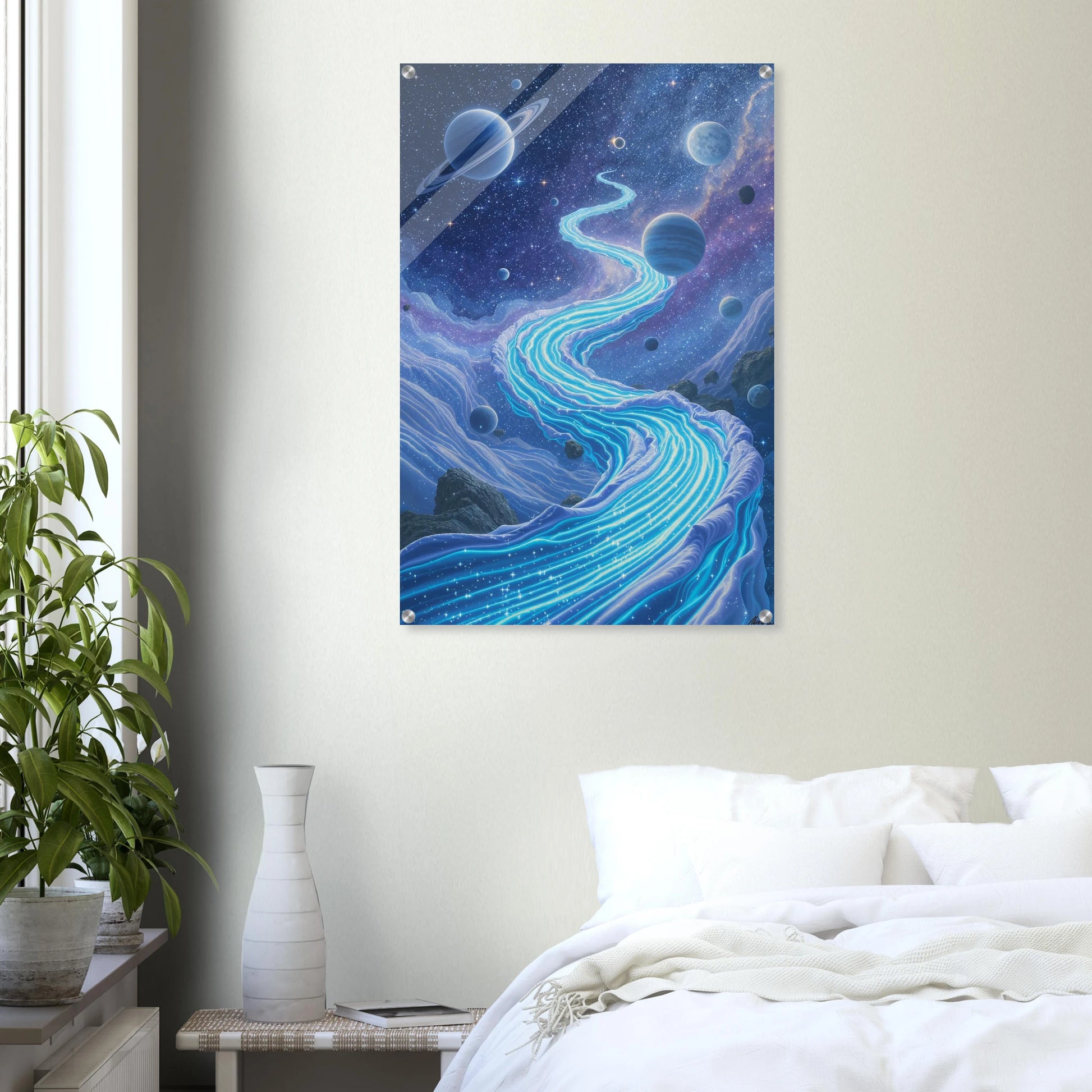 Space-themed wall art in a bedroom with a bed and plant.