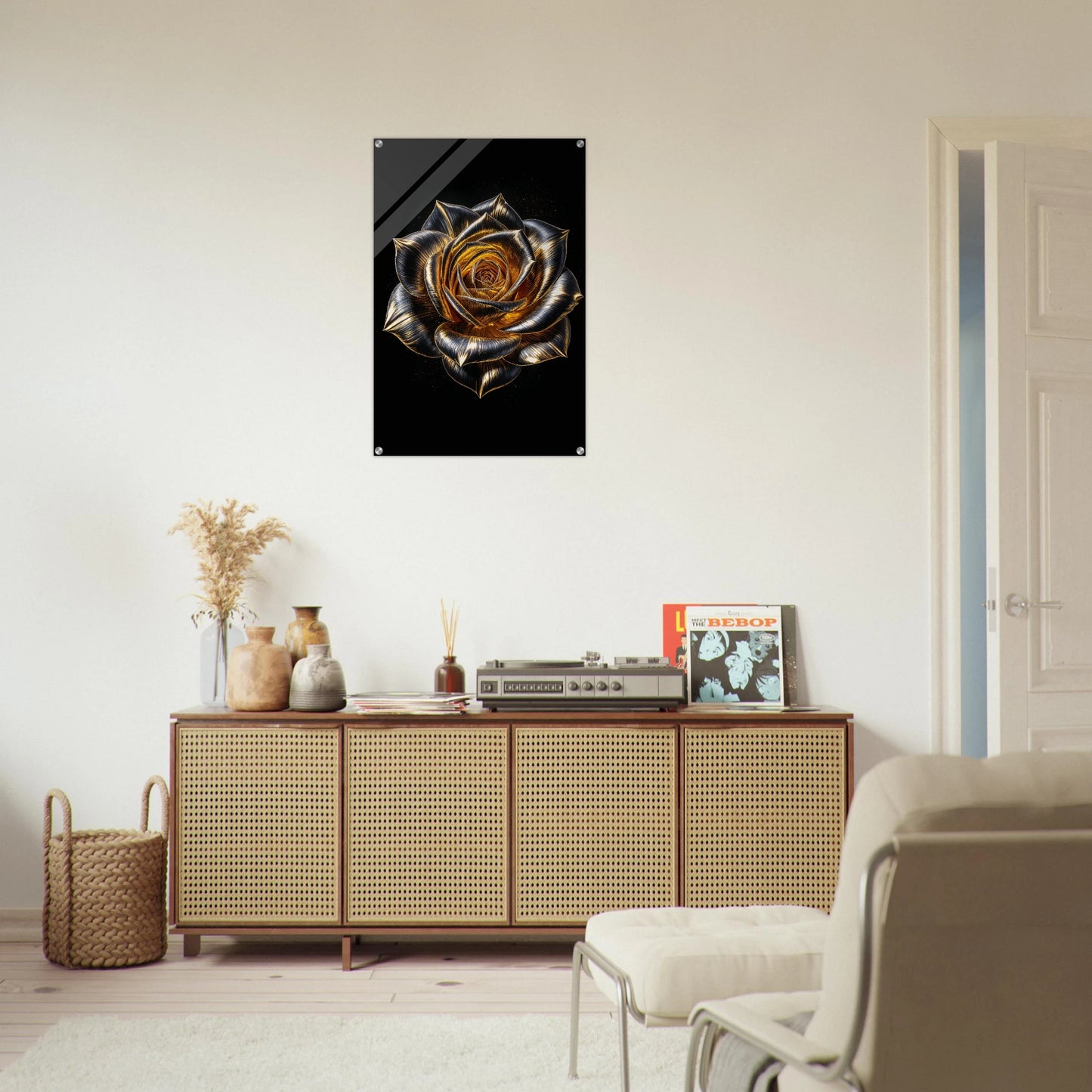 Living room with a decorative rose wall art piece above a wooden cabinet.