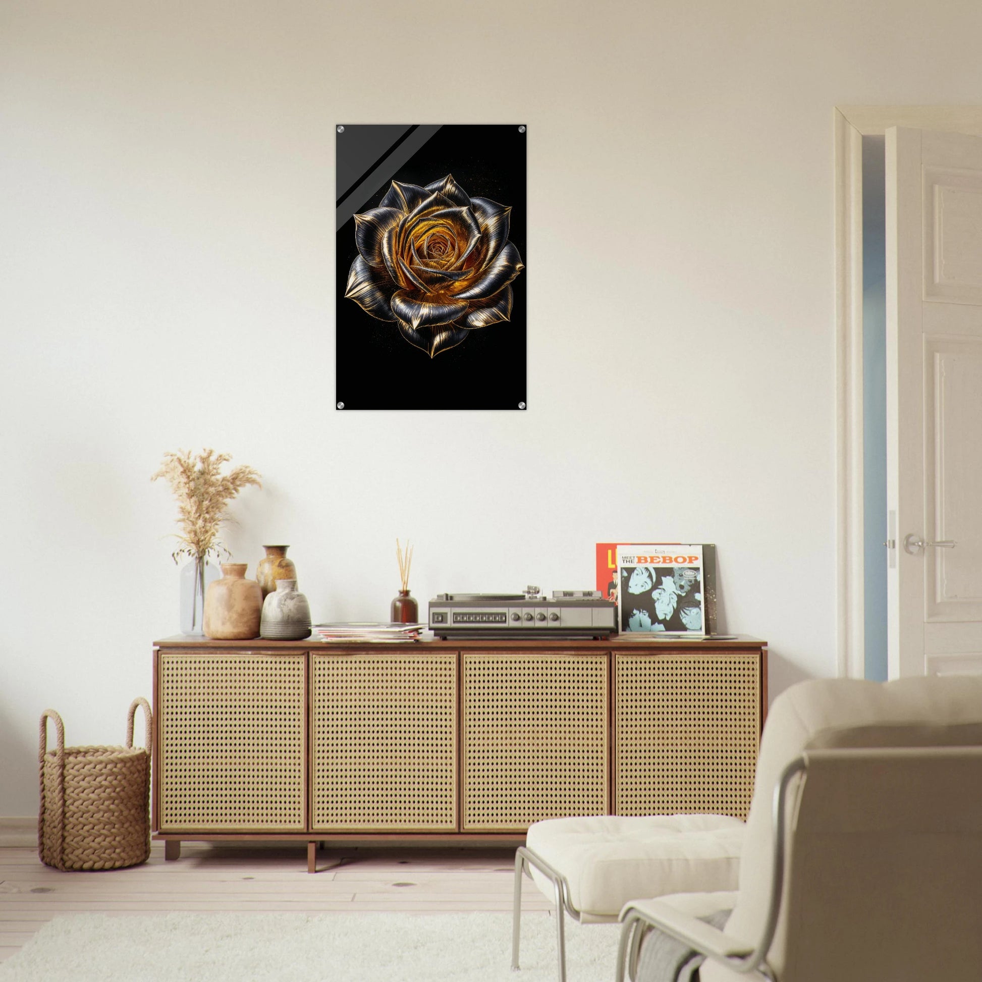 Living room with a decorative rose wall art piece above a wooden cabinet.