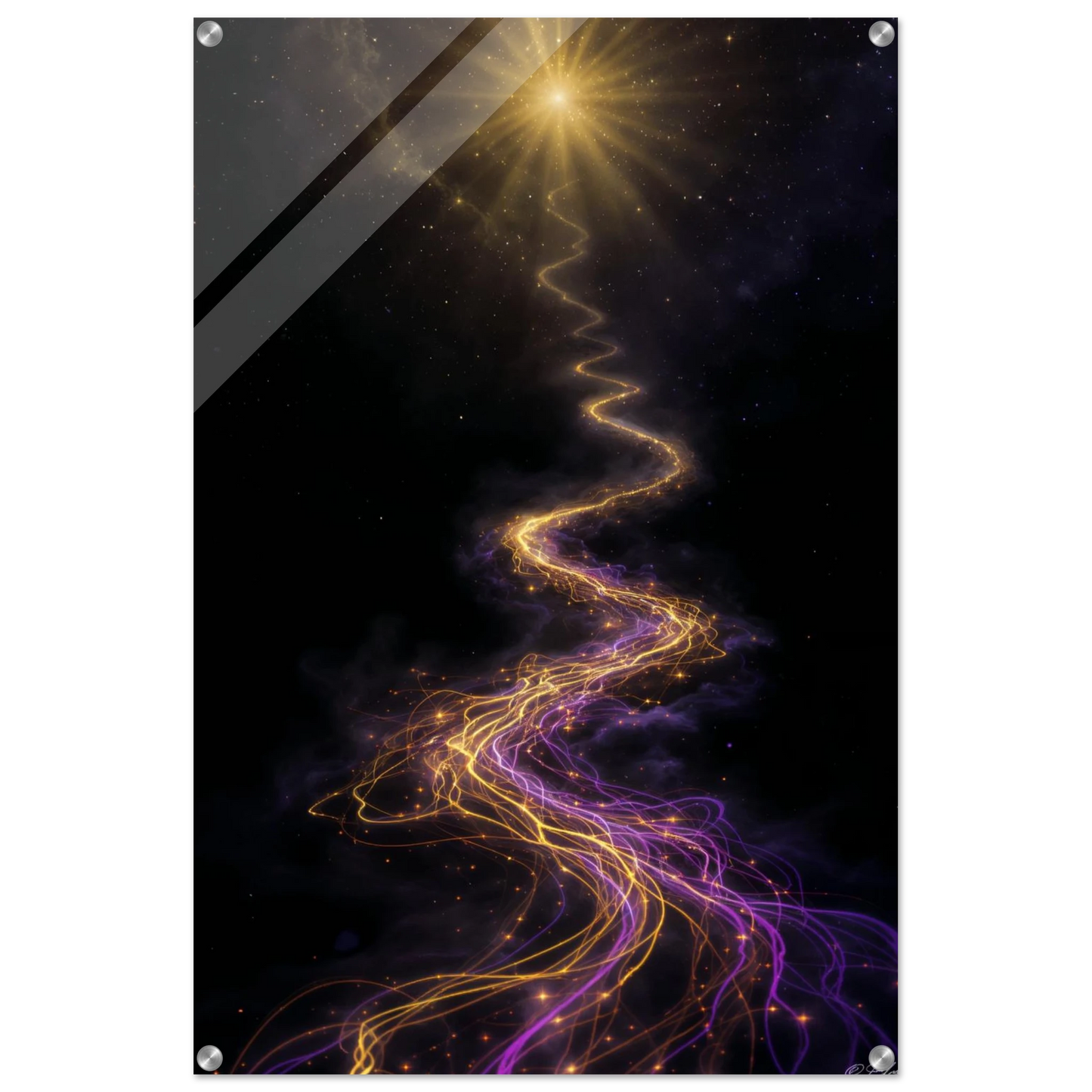 Artistic depiction of a star's light journeying through space, with a bright light source at the top.