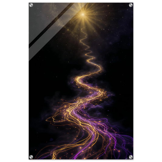 Artistic depiction of a star's light journeying through space, with a bright light source at the top.