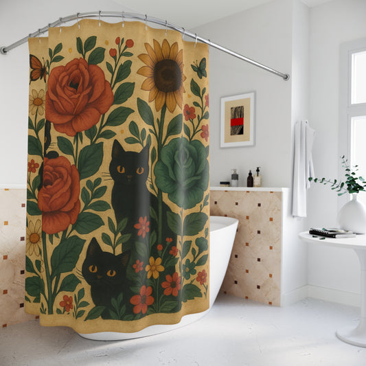 Shower curtain with floral and black cat design in a bathroom setting