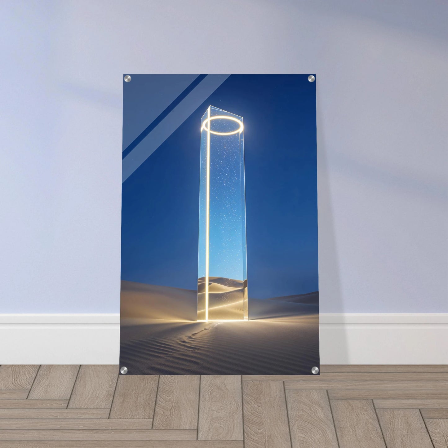 Futuristic monolith design on a wall with a blue sky and sand dunes.