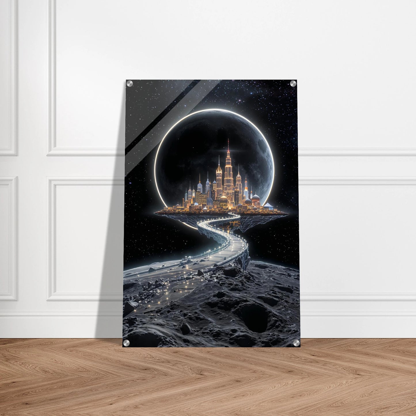 Futuristic cityscape on a moon with a large planet in the background, displayed on a wall.