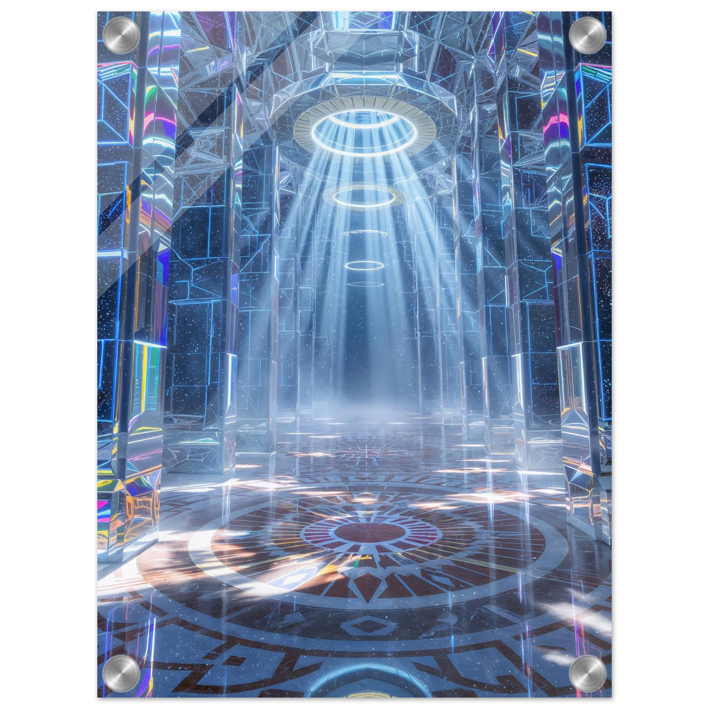 Futuristic interior design with geometric patterns and light effects