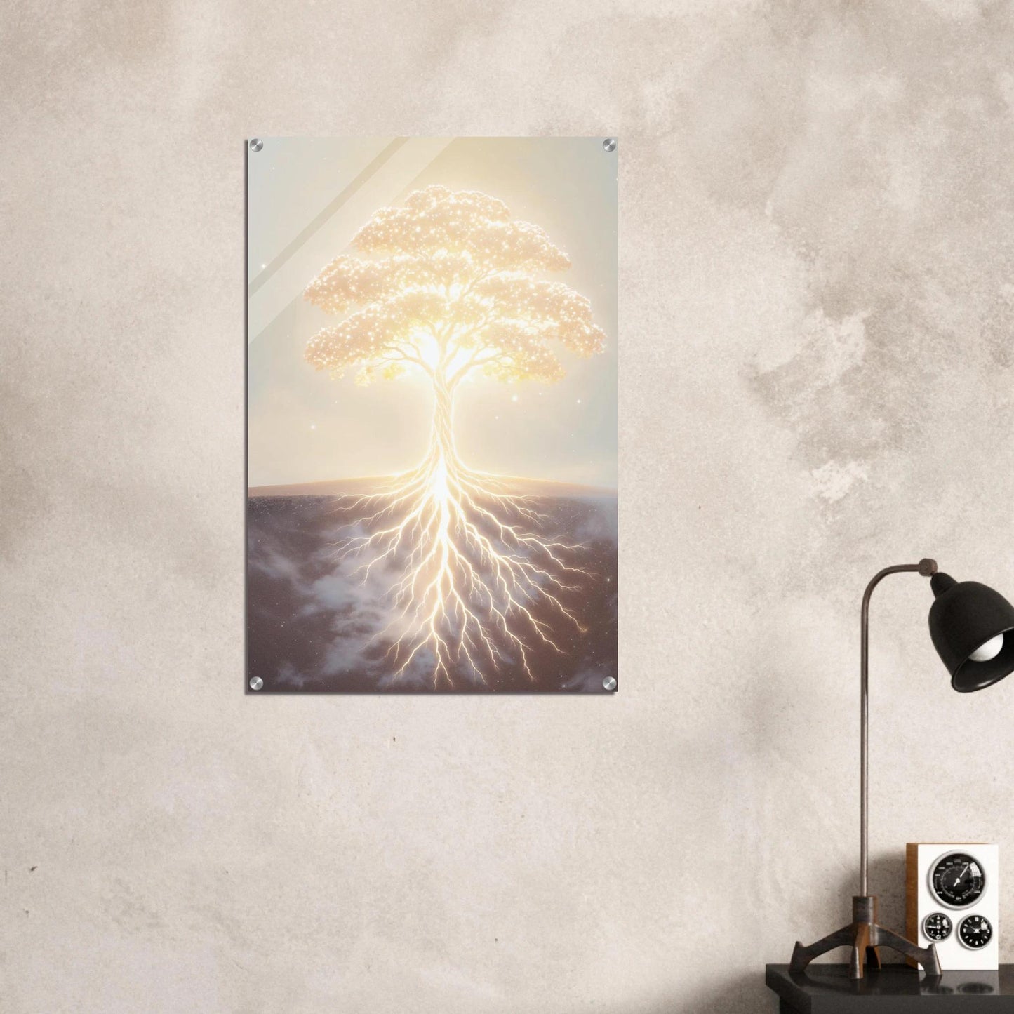 Lightning bolt artwork on a wall with a lamp and clock on a table below.