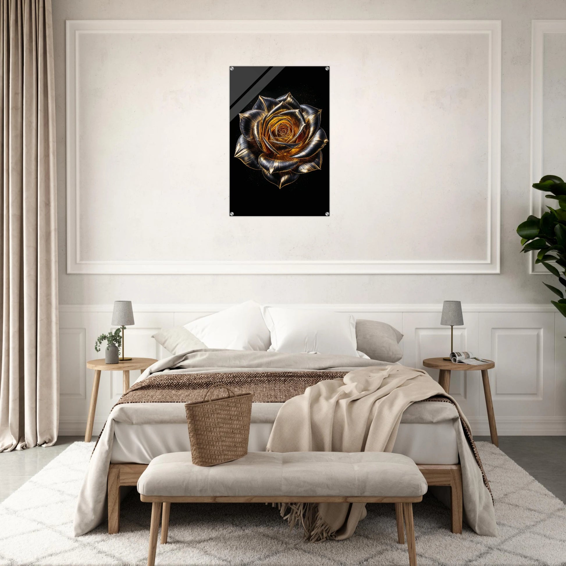 Decorative wall art of a rose on a bedroom wall