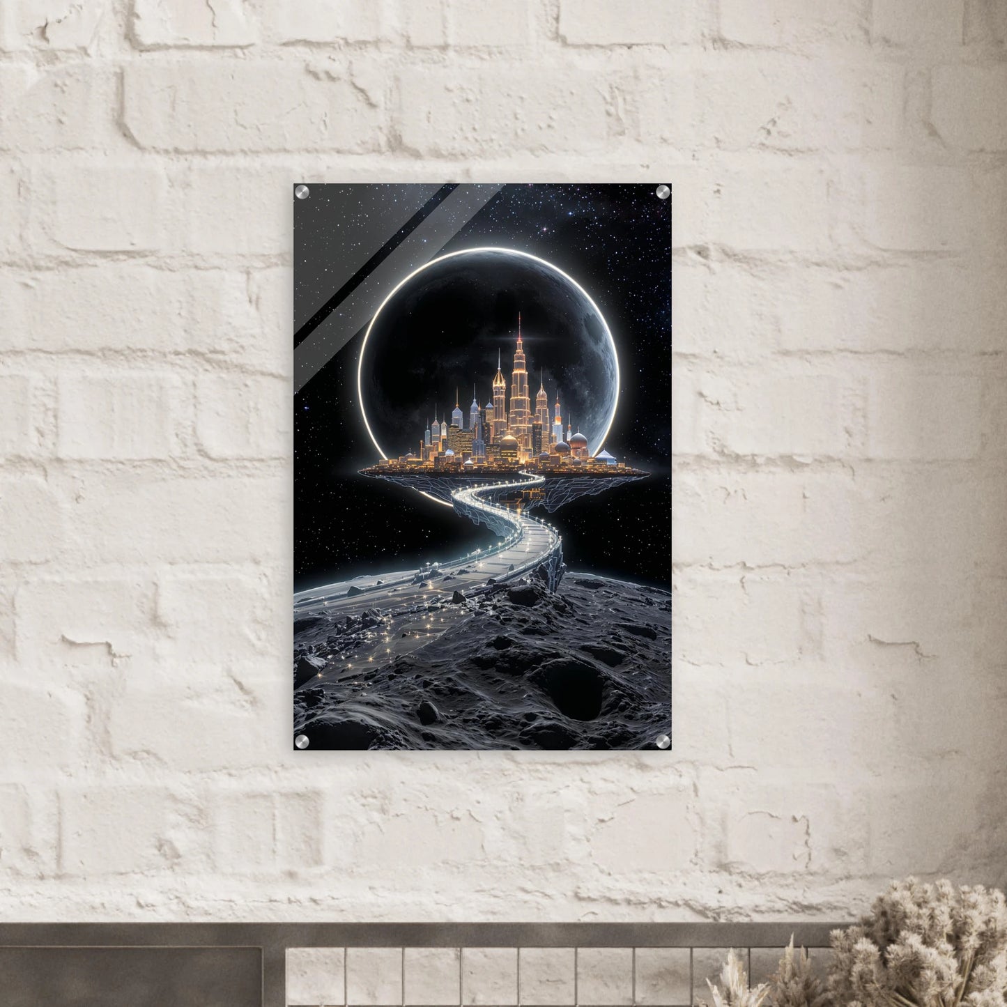 Futuristic cityscape with a large planet-like structure on a brick wall.