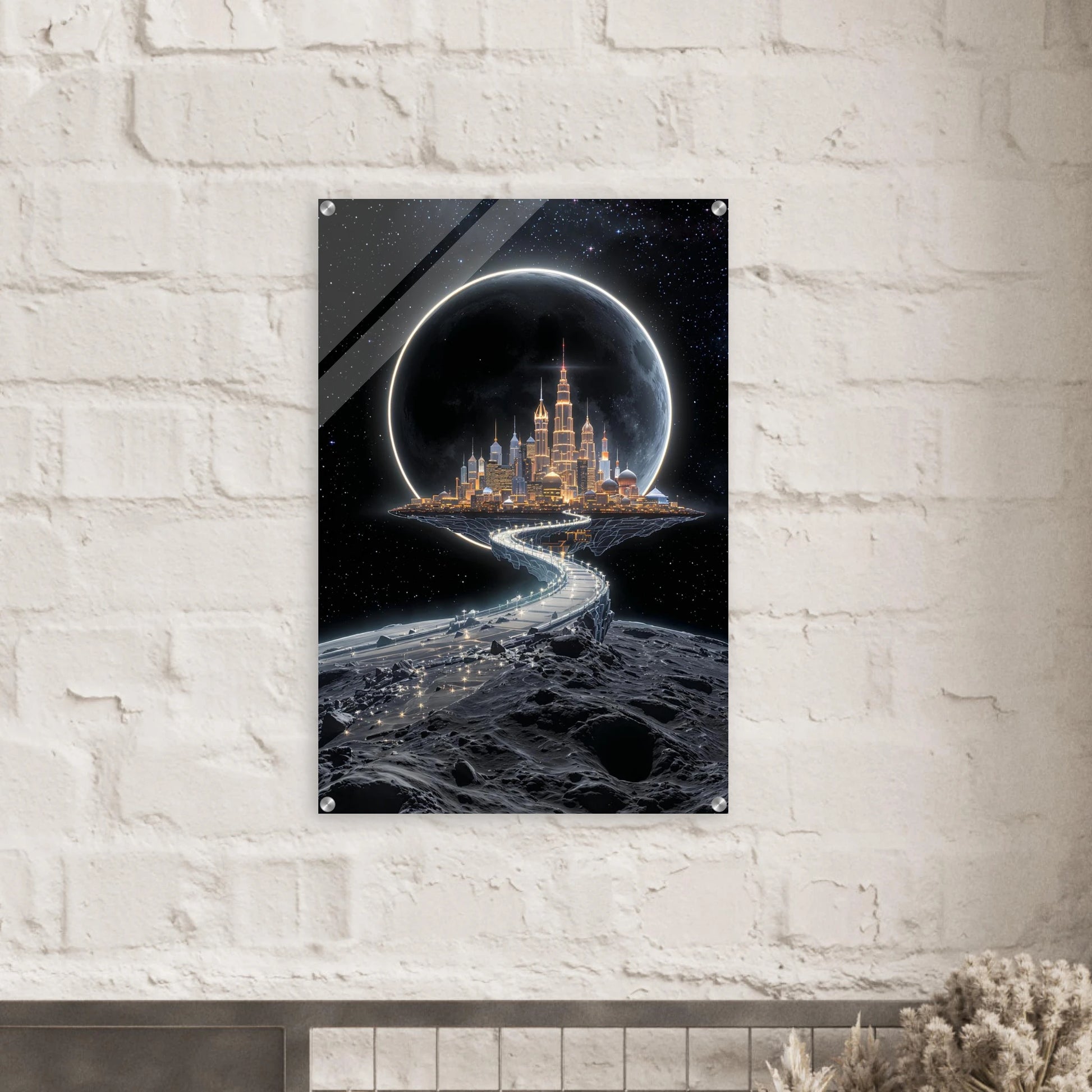 Futuristic cityscape with a large planet-like structure on a brick wall.