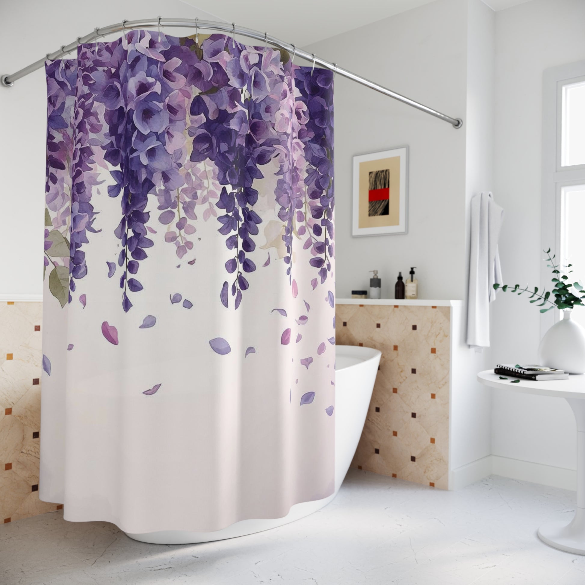 Shower curtain with purple floral design in a bathroom setting