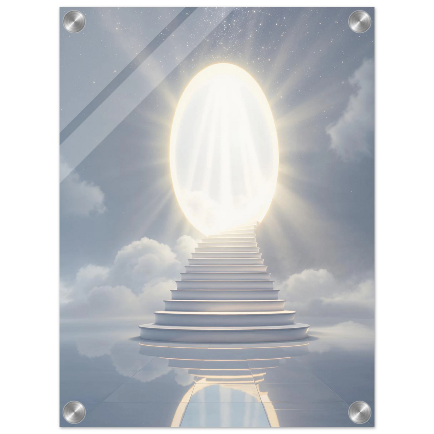 Stairway leading to a bright light in the clouds