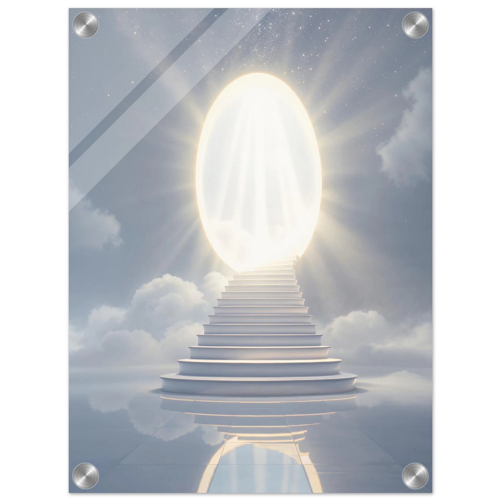 Stairway leading to a bright light in the clouds