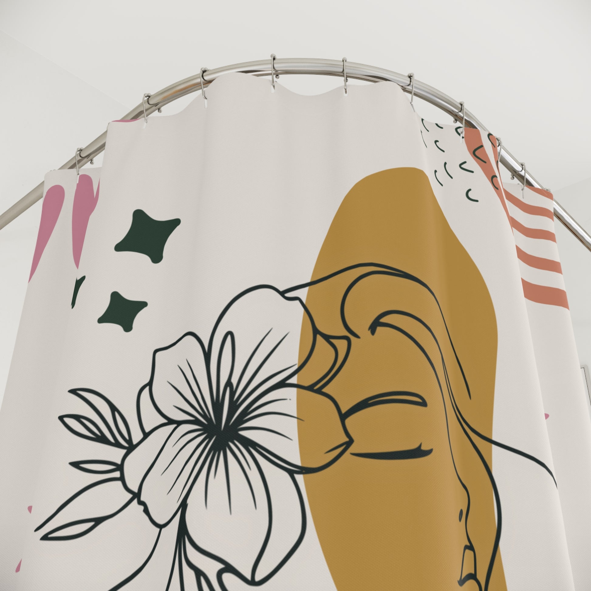 Shower curtain with abstract design of a face and floral elements on a white background