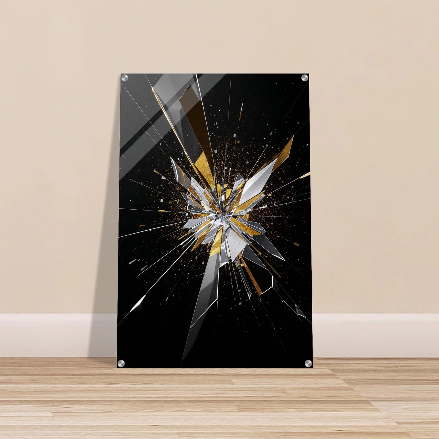 Abstract art piece with a shattered glass design on a black background, mounted on a beige wall.