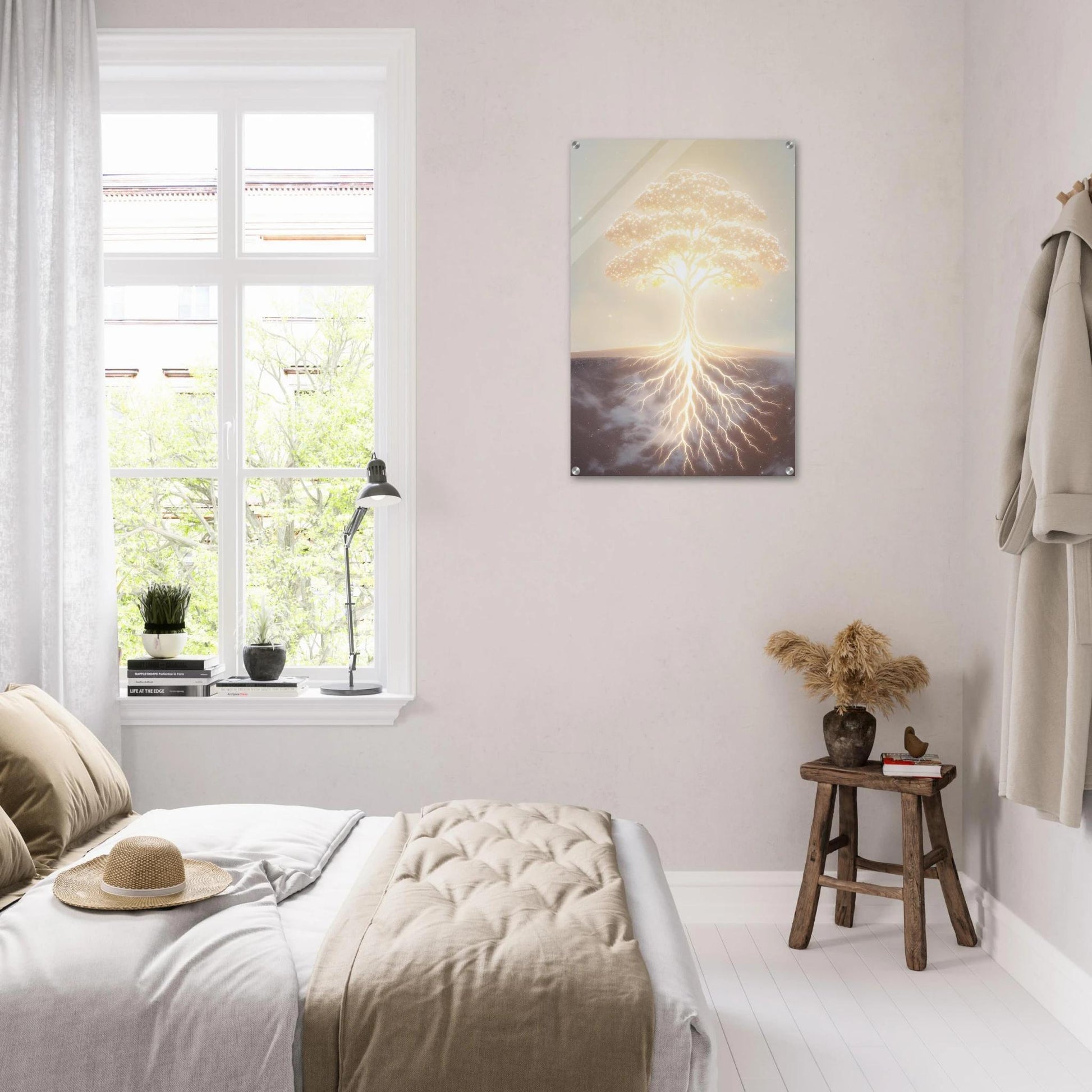 Modern bedroom with a bed, window, and wall art