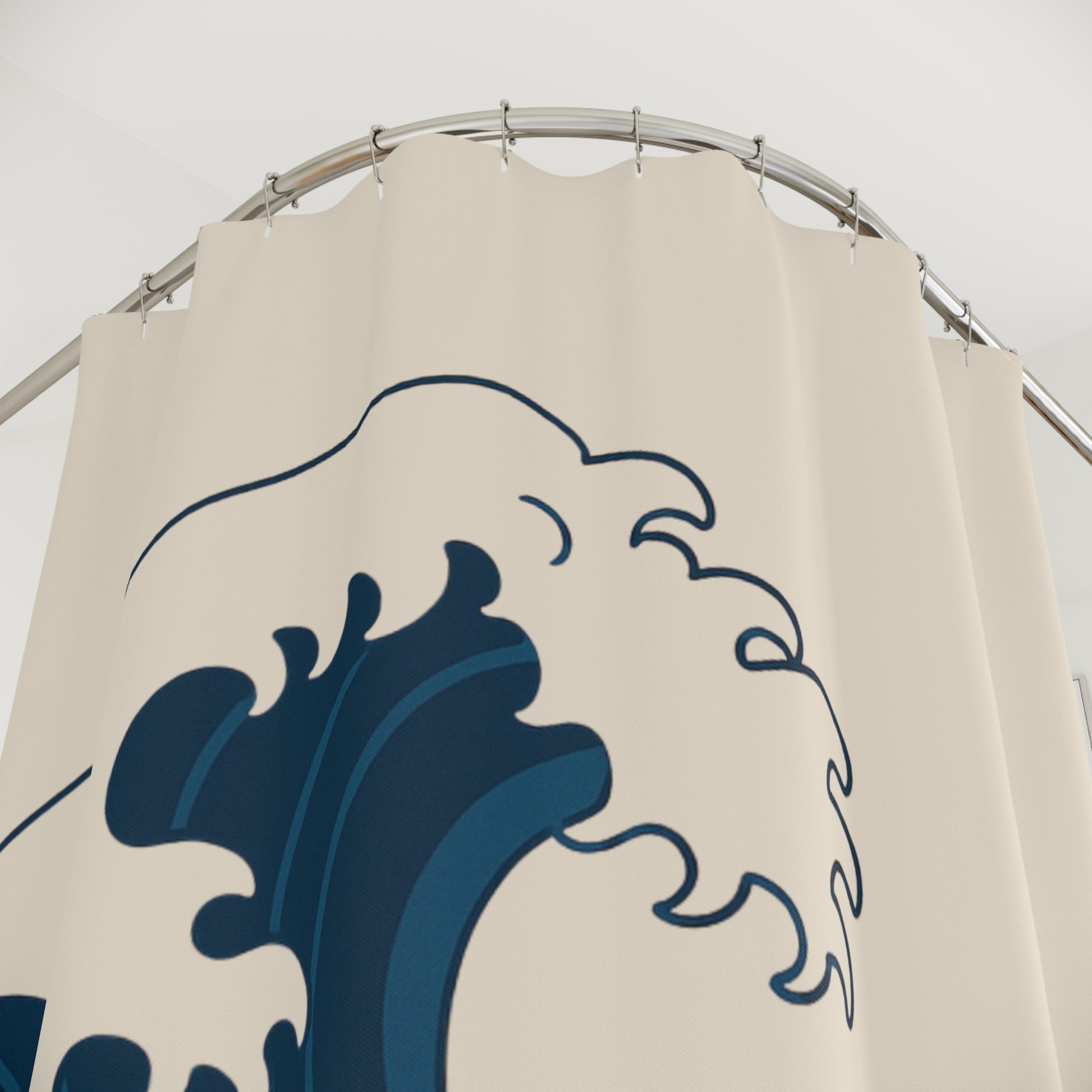Shower curtain with blue wave design on a white background