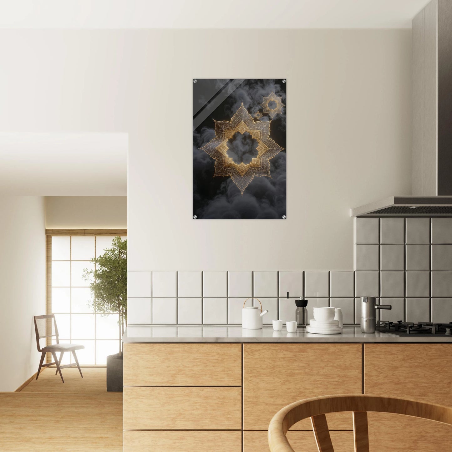 Modern kitchen with abstract wall art on a white wall