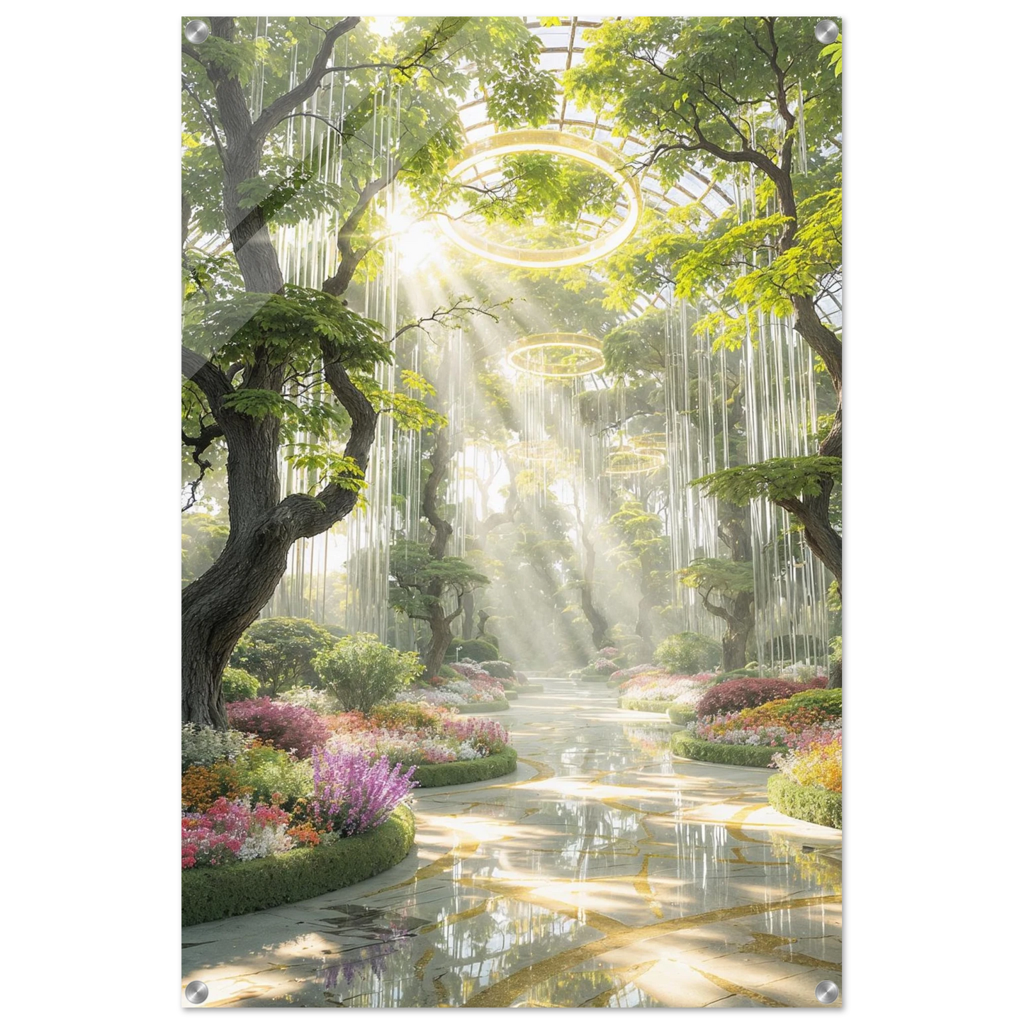 Fantasy garden with glowing rings and waterfalls