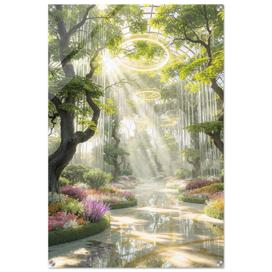 Fantasy garden with glowing rings and waterfalls