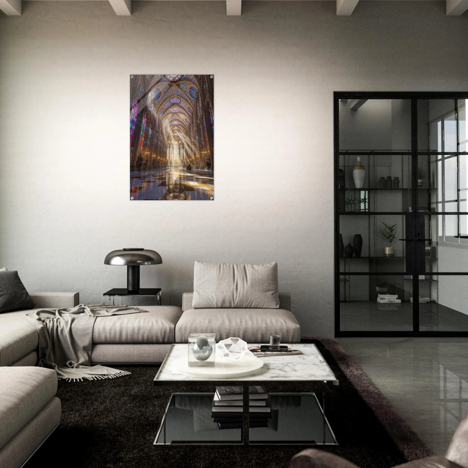 Modern living room with a large painting on the wall, a sofa, and a coffee table.