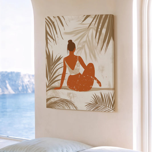 Room with a bench, pillows, and a wall art of a woman sitting with palm leaves.