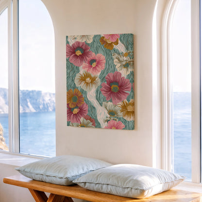 Boho Floral Canvas Wall Art – Vintage Botanical Flower Print in Teal & Warm Tones