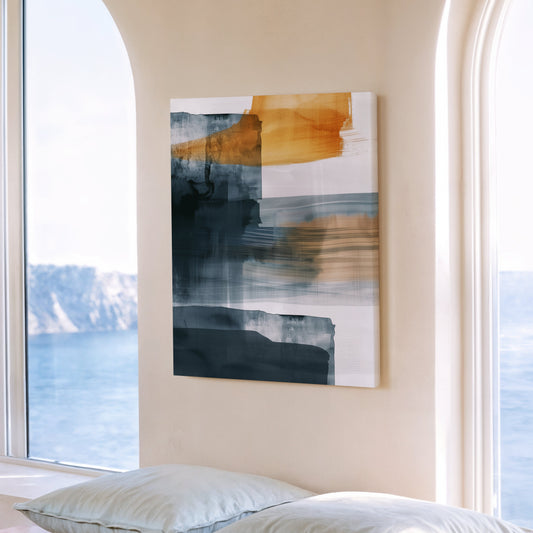 Abstract painting on a wall with a bench and pillows in the foreground, featuring a scenic view through large windows.