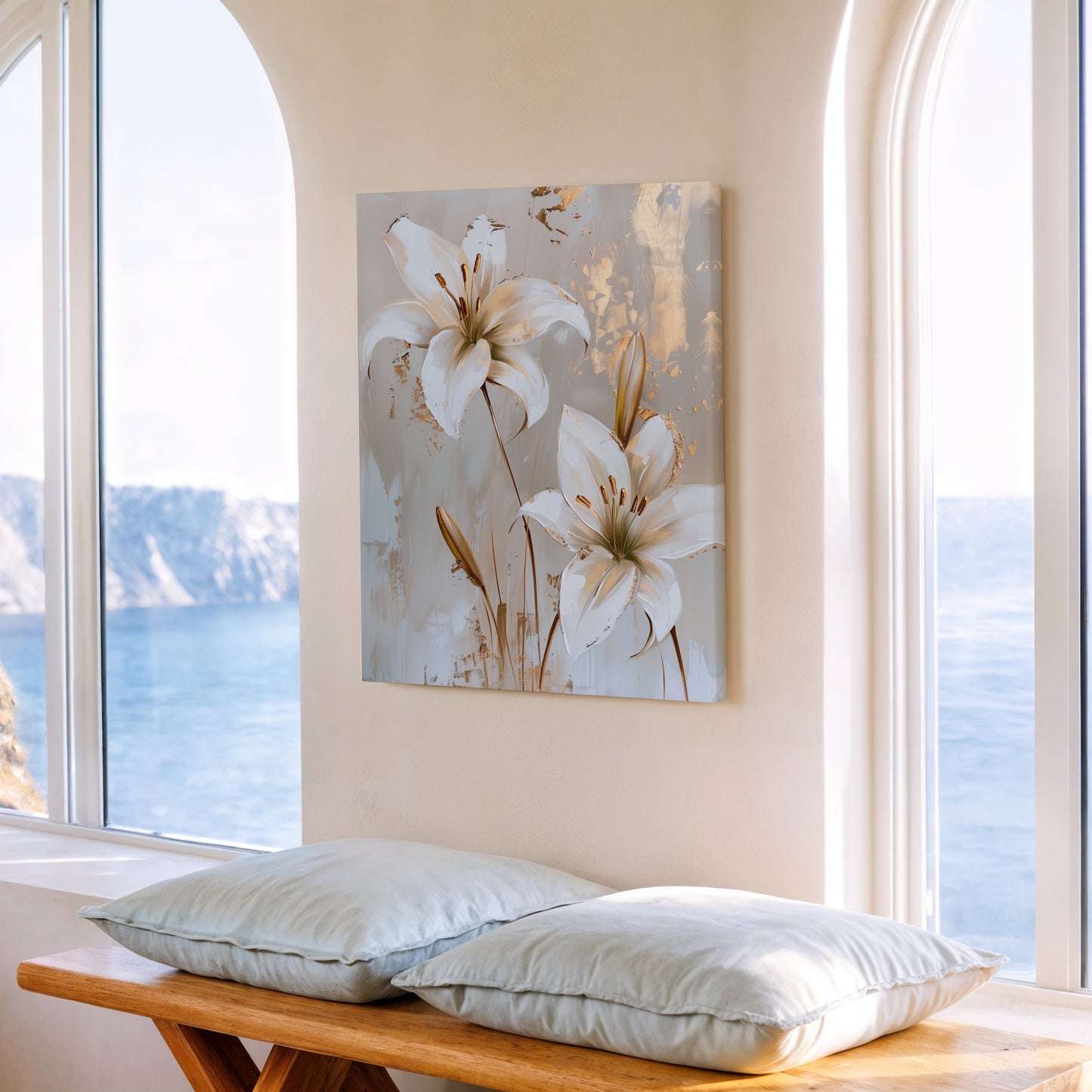 White Lilies with Gold Accents Canvas Wall Art - Modern Floral Elegance