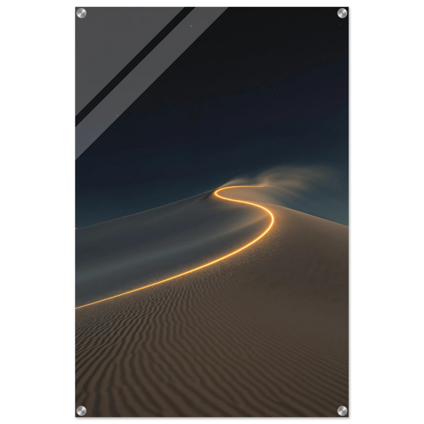 Desert landscape with a glowing yellow path on sand dunes