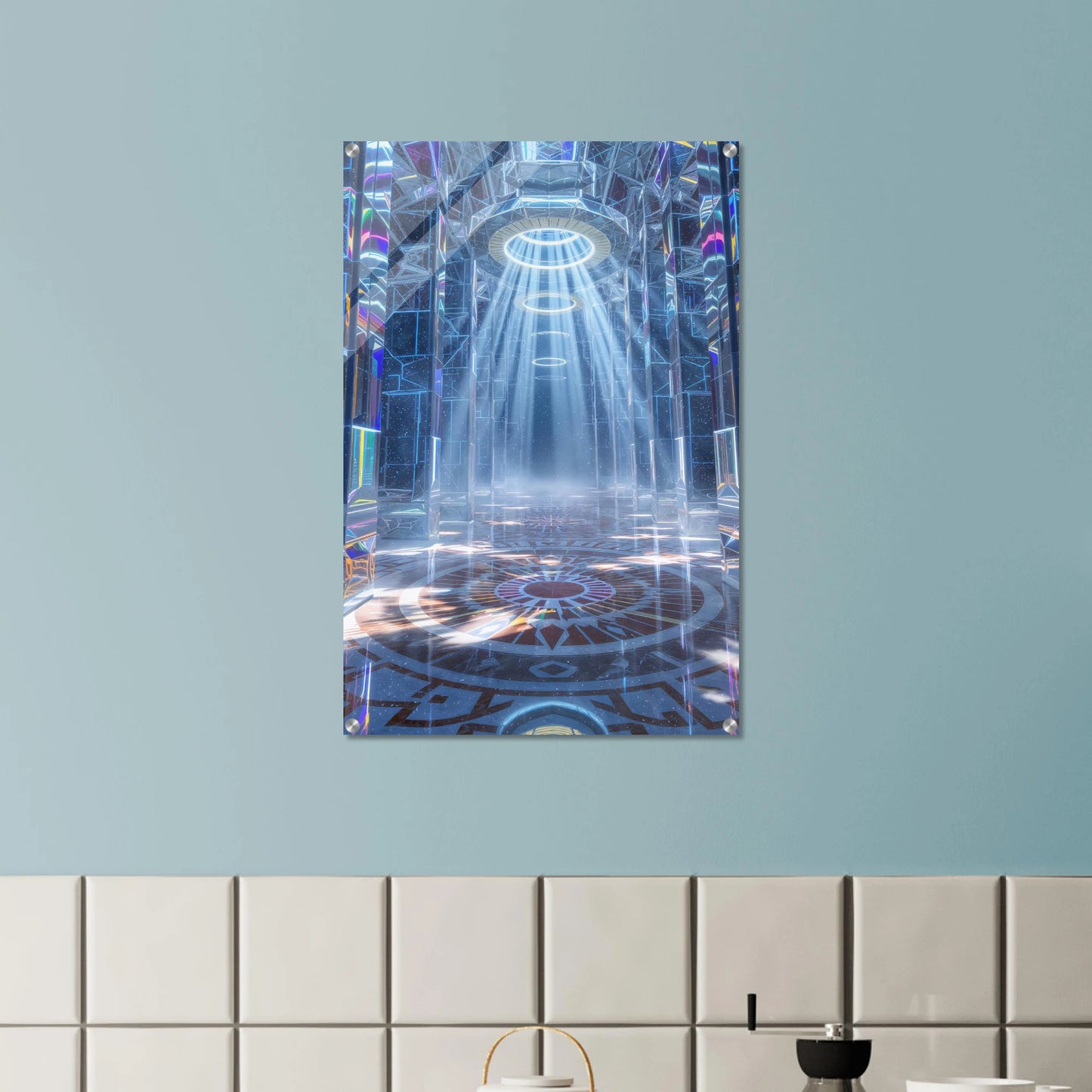 artwork of a cathedral interior with sunlight on a light blue wall.