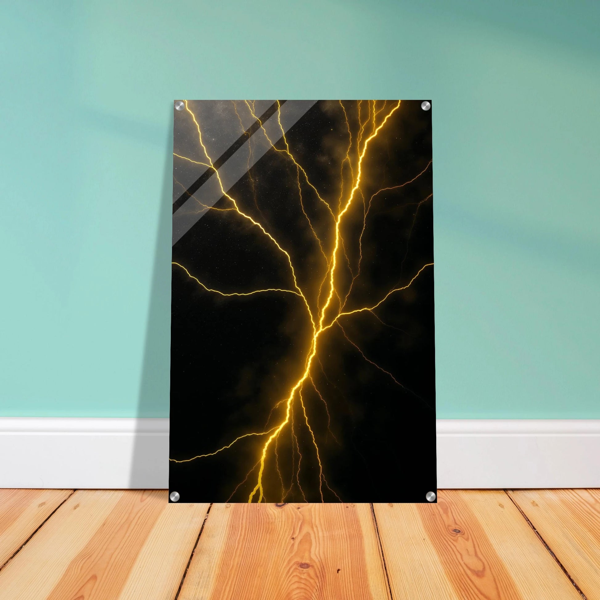 Decorative panel with yellow lightning design on a black background, mounted on a wall.