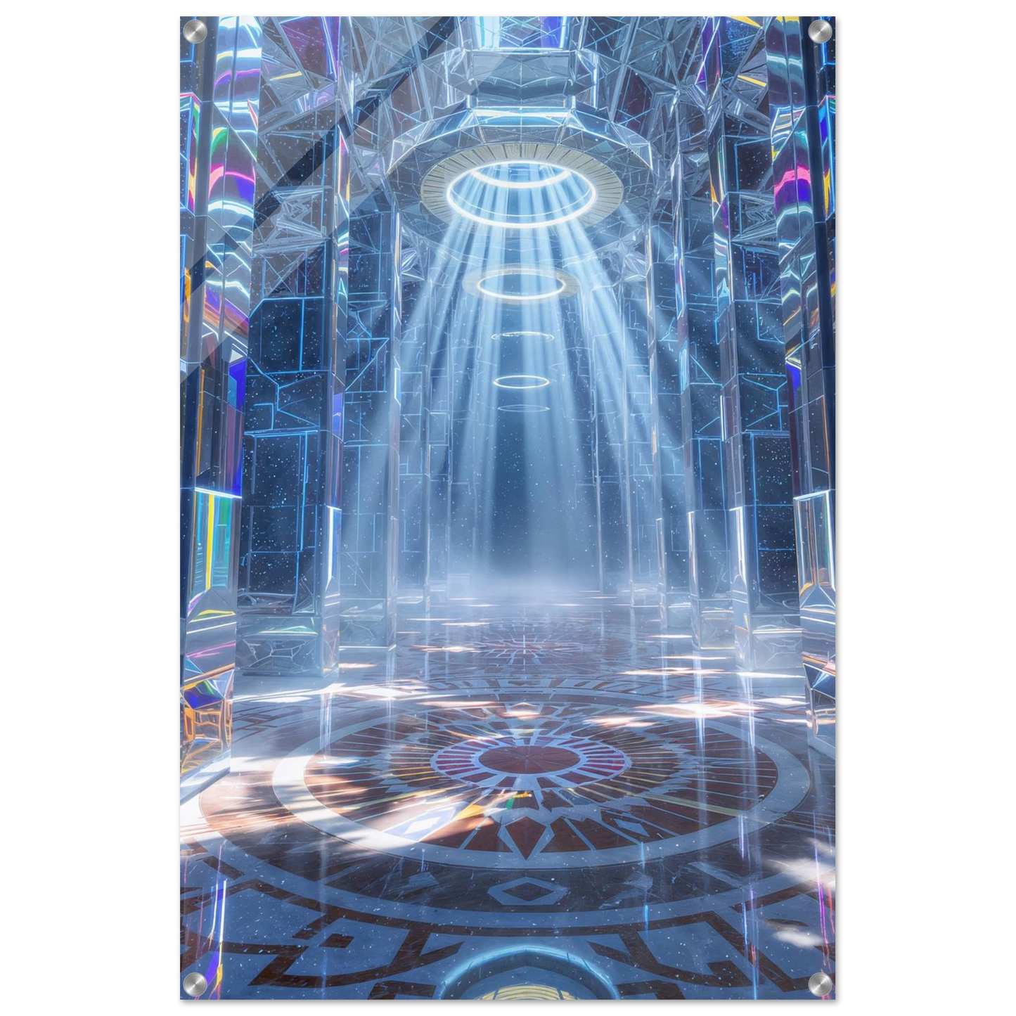 Stained glass window with light beams and circular patterns